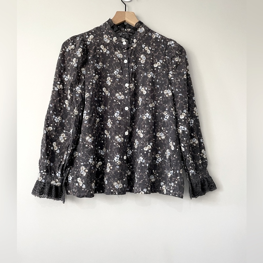 Persons cottage core floral lace detail button down shirt blouse